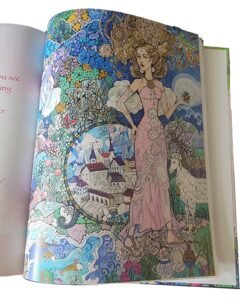an Open Book Showing an Illustration of a Woman in a Pink Dress.